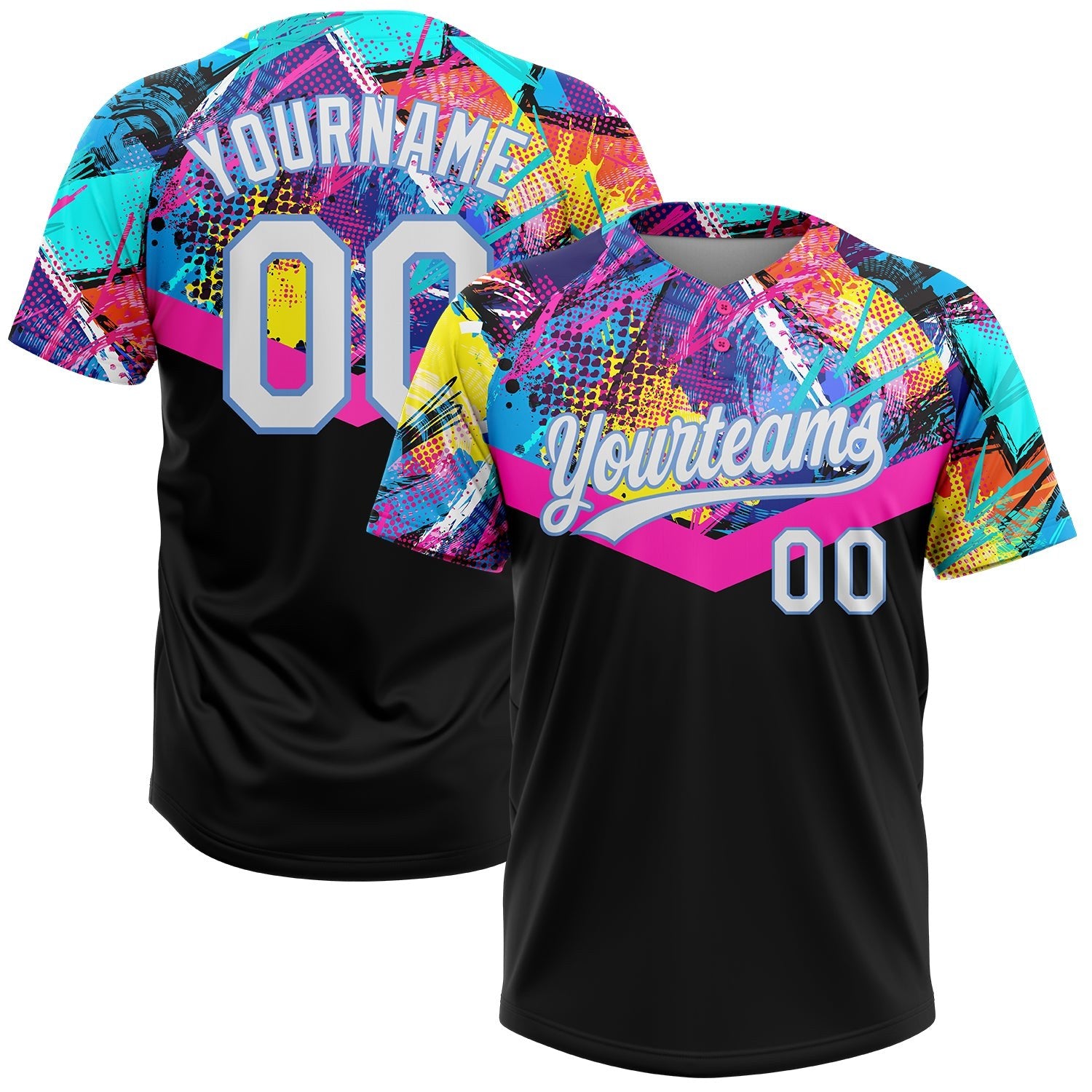 Custom Black White-Light Blue 3D Pattern Two-Button Unisex Softball Jersey photo 1