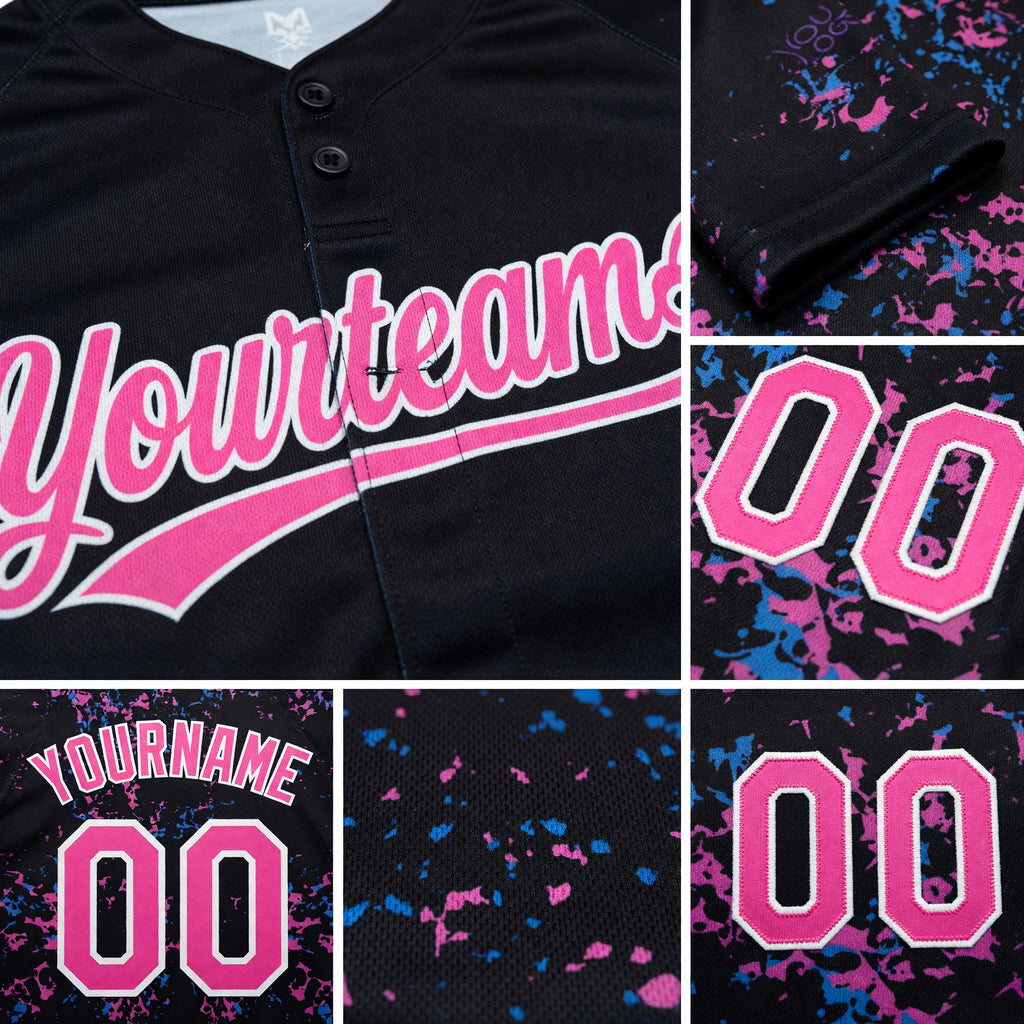 Custom Black Pink-White 3D Pattern Two-Button Unisex Softball Jersey detail
