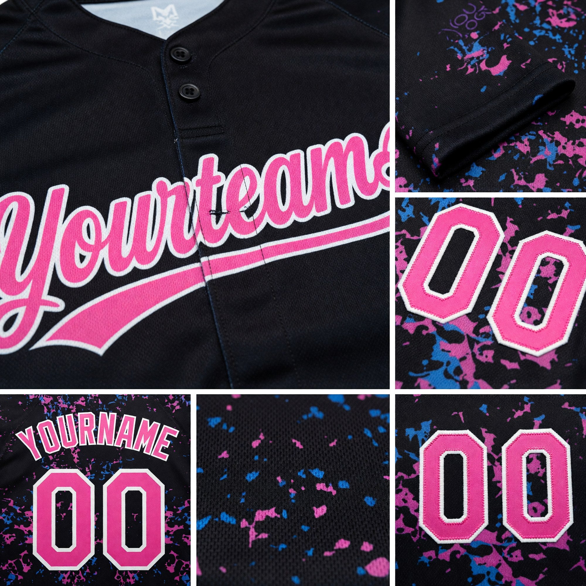 Custom Black Pink-White 3D Pattern Two-Button Unisex Softball Jersey detail