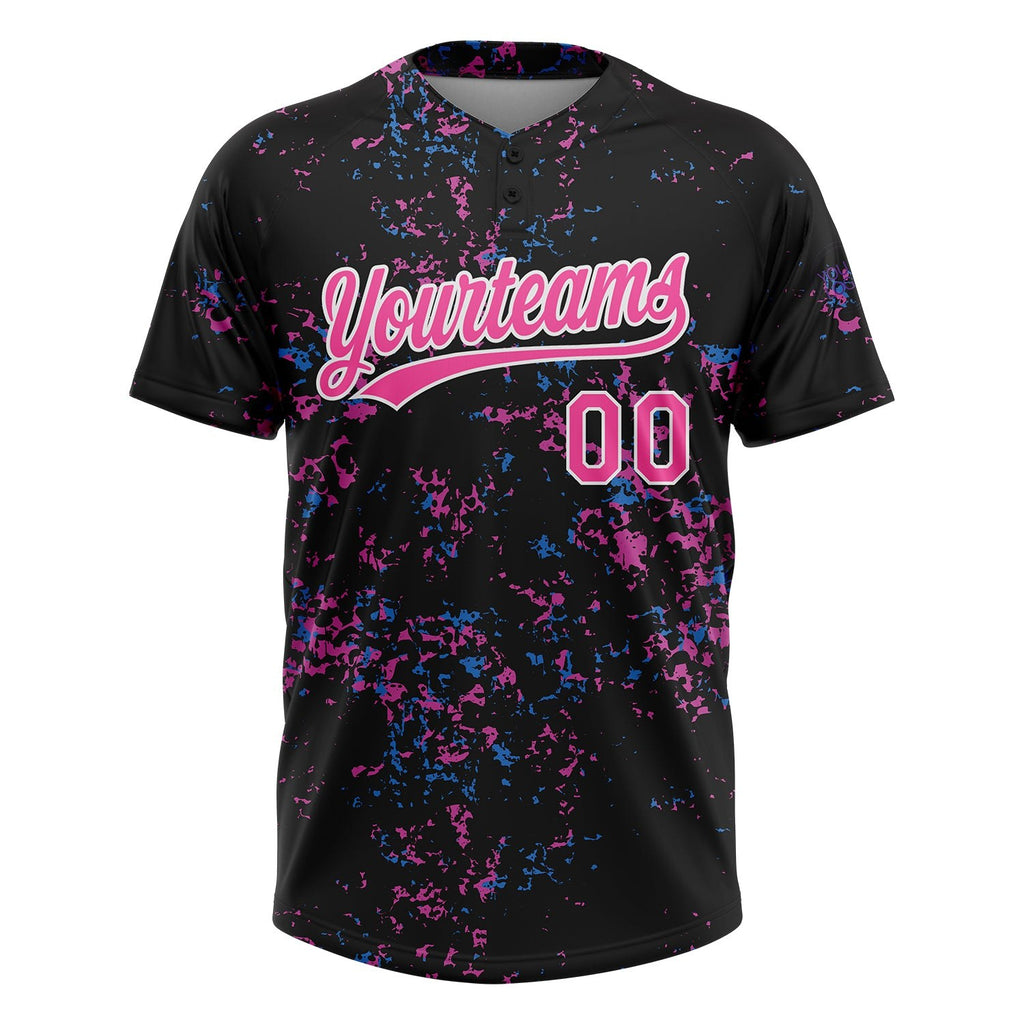 Custom Black Pink-White 3D Pattern Two-Button Unisex Softball Jersey photo 2