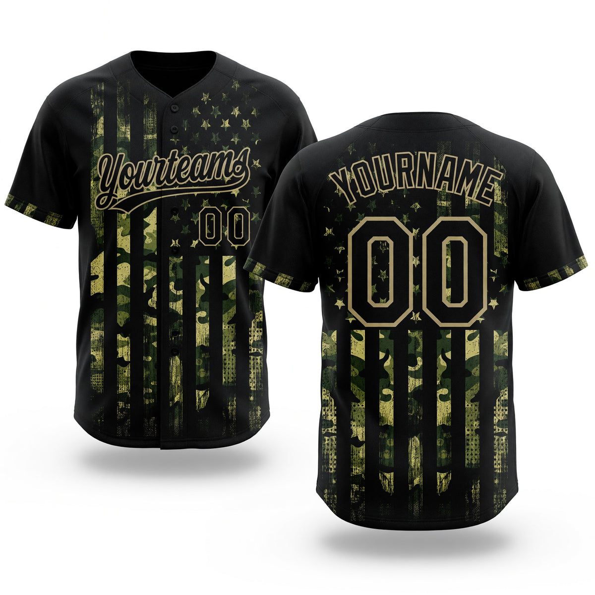 Custom Camo Black-Old Gold 3D American Flag Salute To Service Two-Button Unisex Softball Jersey
