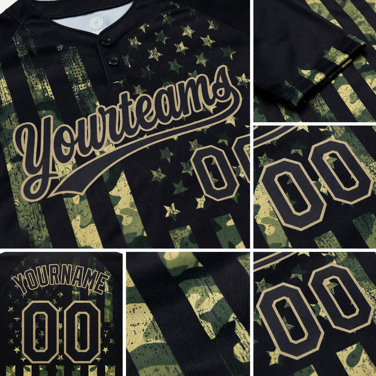 Custom Camo Black-Old Gold 3D American Flag Salute To Service Two-Button Unisex Softball Jersey detail