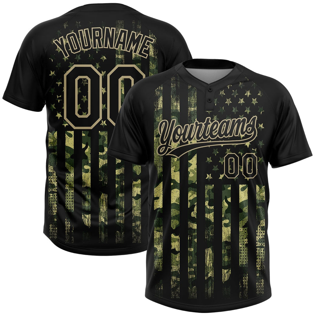 Custom Camo Black-Old Gold 3D American Flag Salute To Service Two-Button Unisex Softball Jersey photo 1