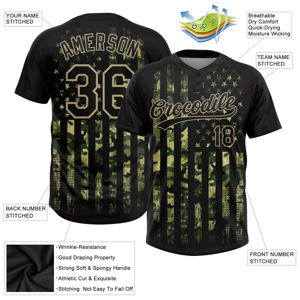 Custom Camo Black-Old Gold 3D American Flag Salute To Service Two-Button Unisex Softball Jersey photo 3