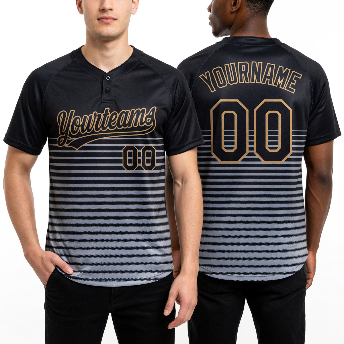 Custom Black Black-Old Gold 3D Pattern Two-Button Unisex Softball Jersey worn front and back
