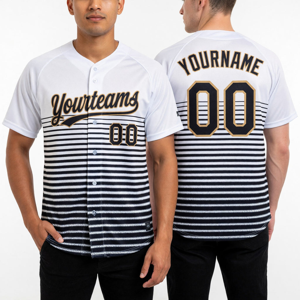 Custom White Black-Old Gold 3D Pattern Two-Button Unisex Softball Jersey worn front and back