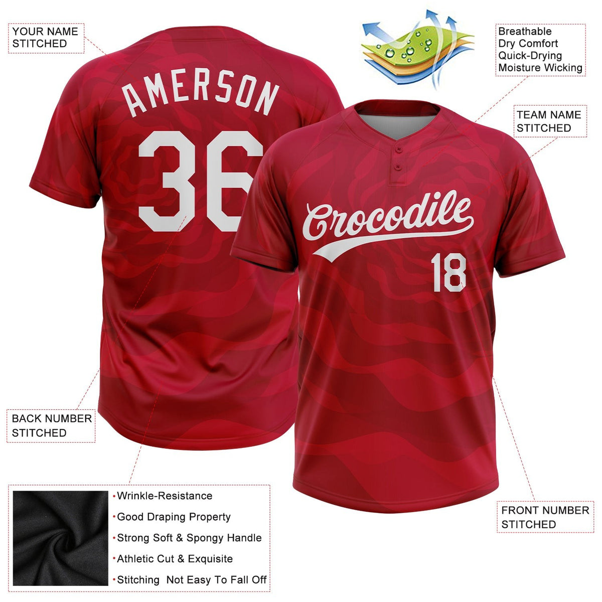 Custom Red White 3D Pattern Two-Button Unisex Softball Jersey photo 3