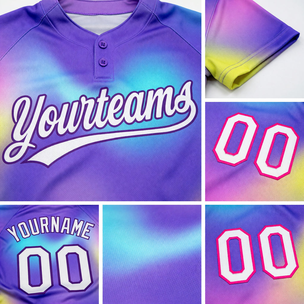 Custom Purple White-Pink 3D Pattern Two-Button Unisex Softball Jersey detail
