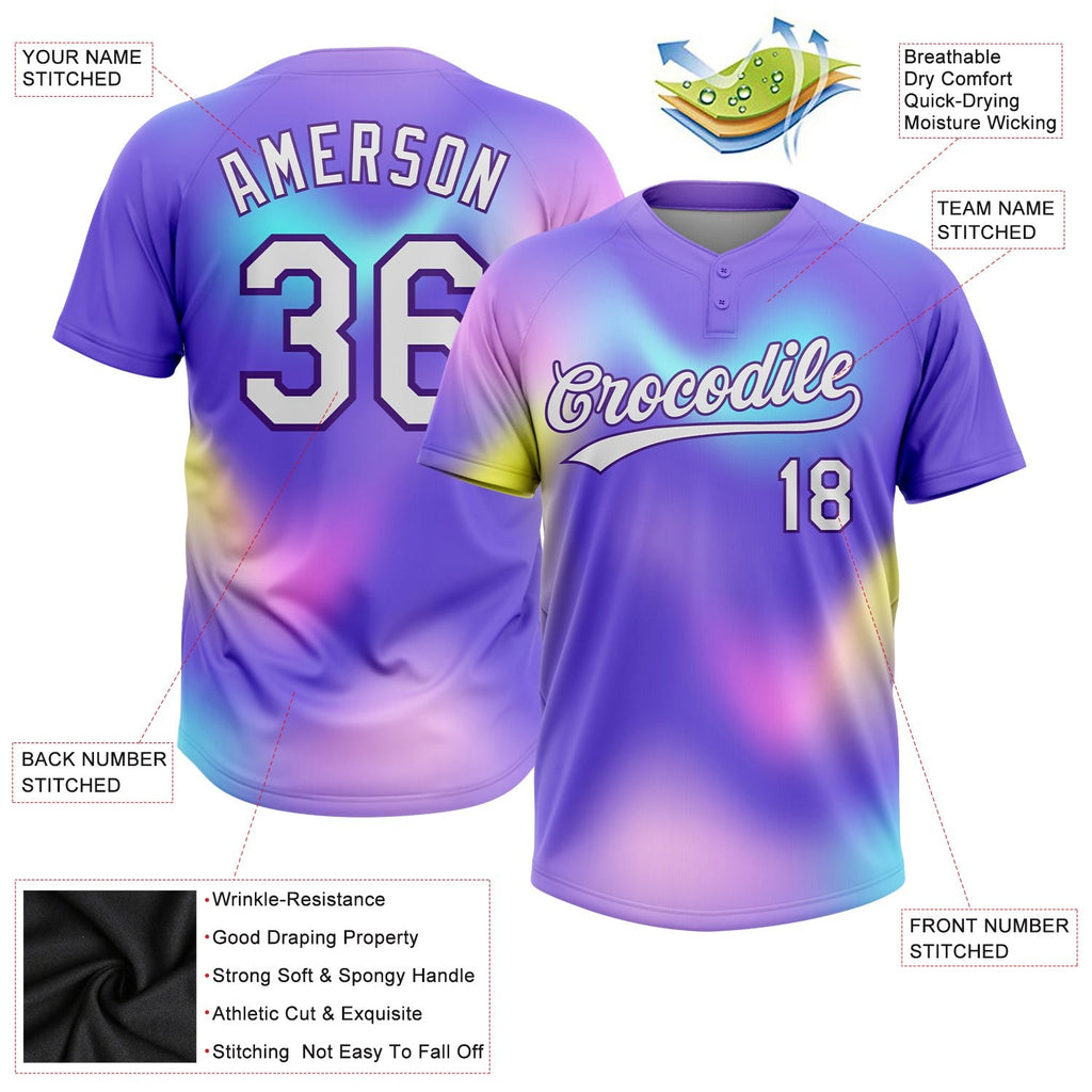 Custom Purple White-Pink 3D Pattern Two-Button Unisex Softball Jersey photo 3