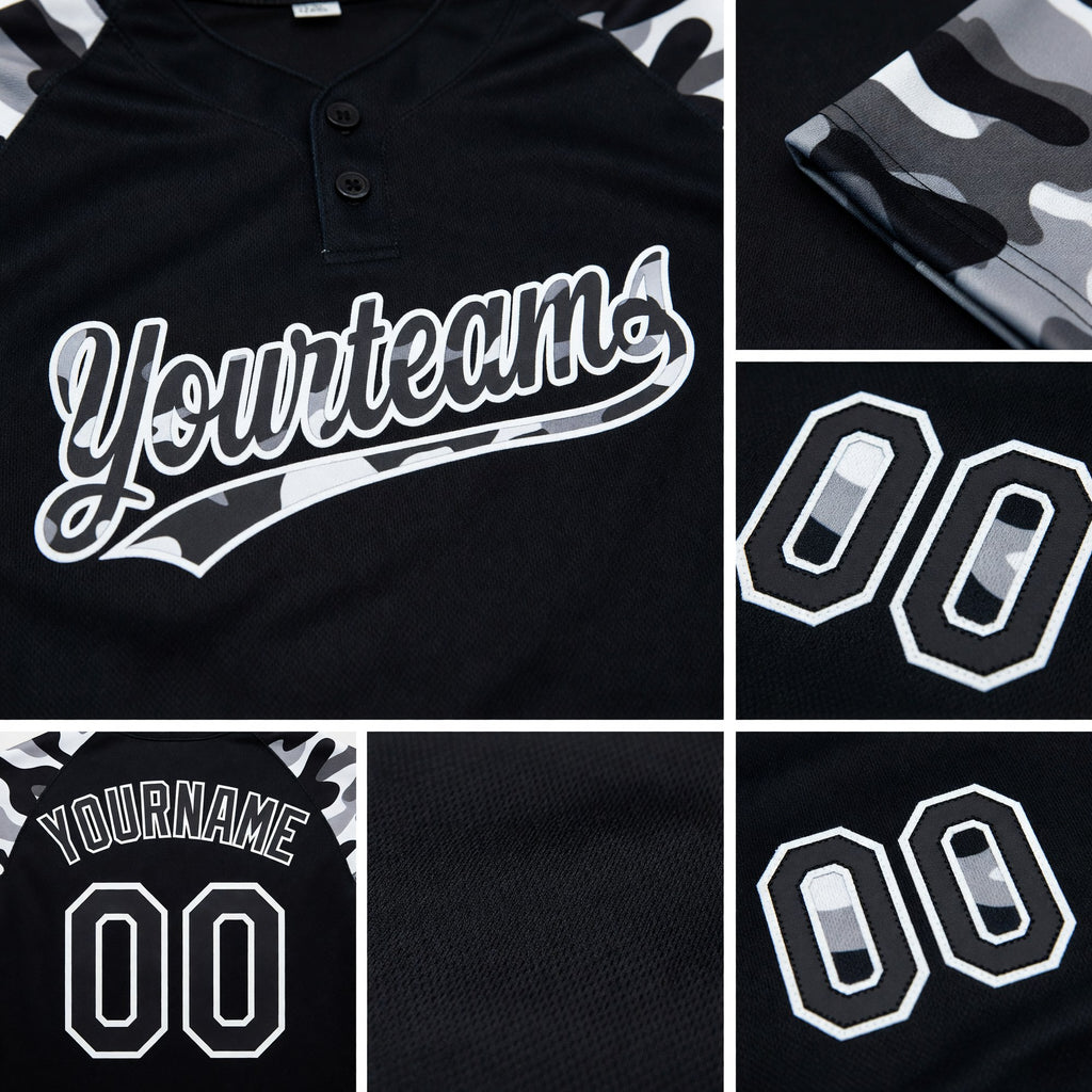 Custom Black Black-Camo 3D Pattern Two-Button Unisex Softball Jersey detail
