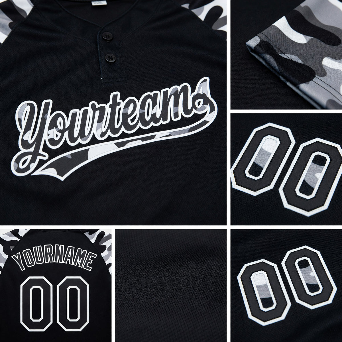 Custom Black Black-Camo 3D Pattern Two-Button Unisex Softball Jersey detail