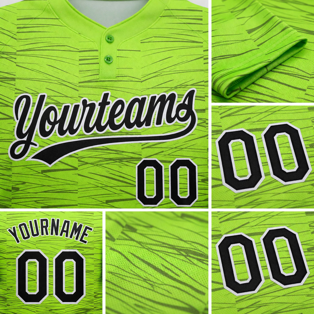 Custom Neon Green Black-White 3D Pattern Two-Button Unisex Softball Jersey detail
