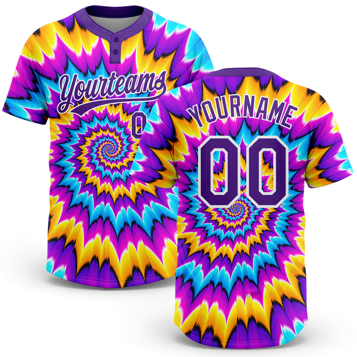 Custom Tie Dye Purple-White 3D Two-Button Unisex Softball Jersey