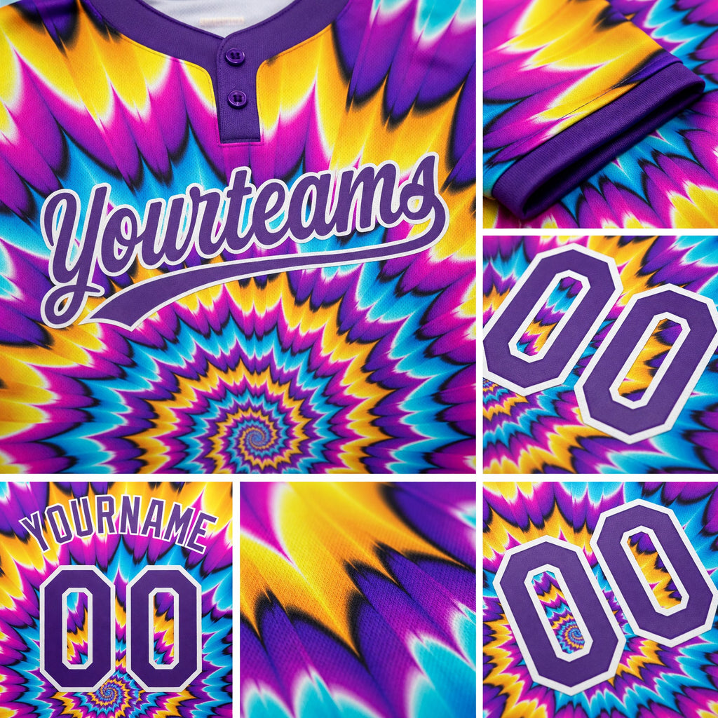 Custom Tie Dye Purple-White 3D Two-Button Unisex Softball Jersey detail