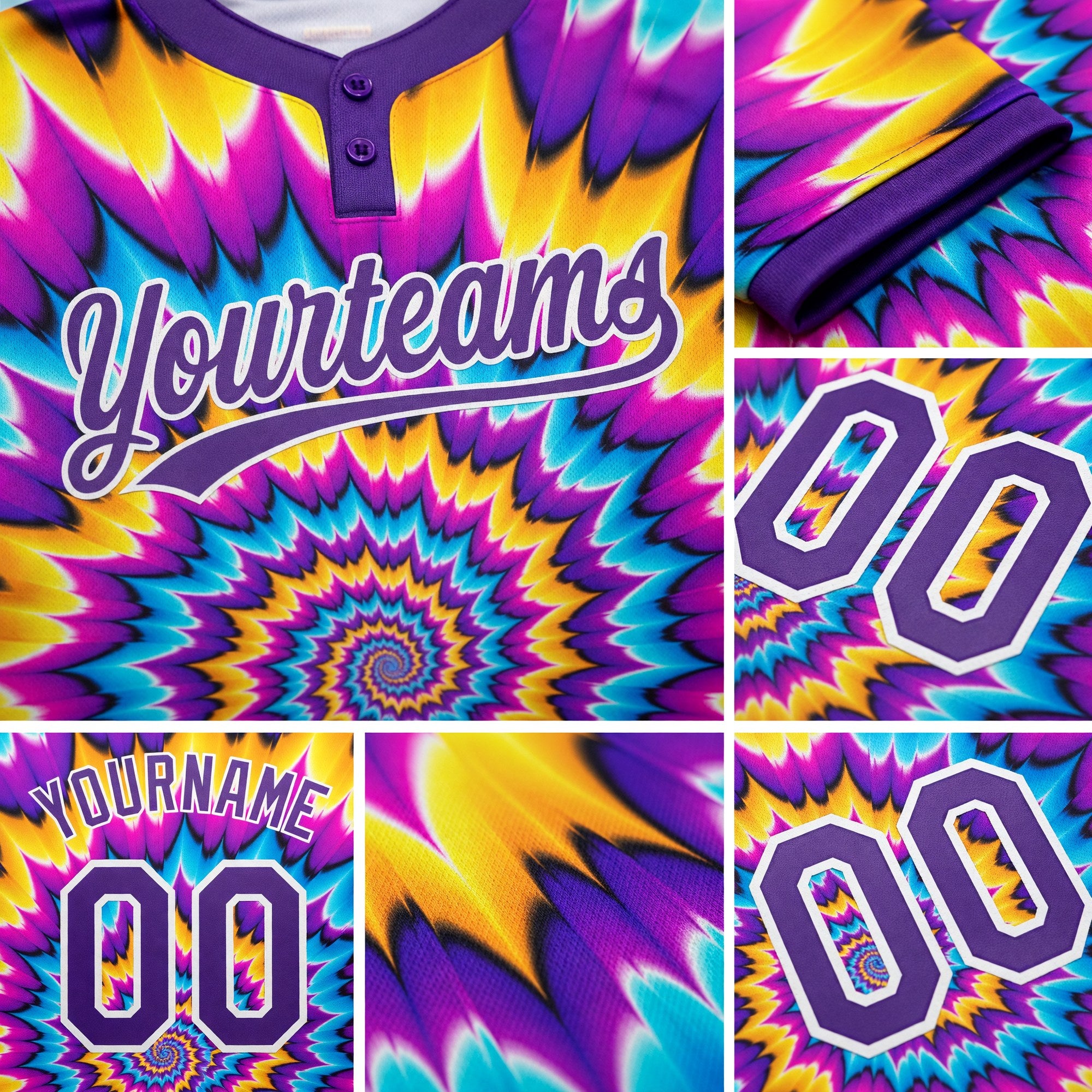 Custom Tie Dye Purple-White 3D Two-Button Unisex Softball Jersey detail