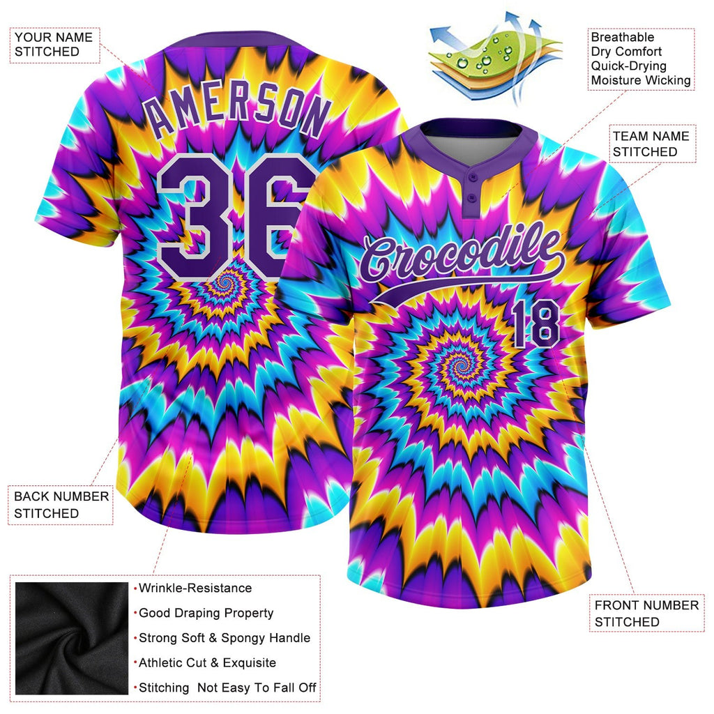 Custom Tie Dye Purple-White 3D Two-Button Unisex Softball Jersey photo 3