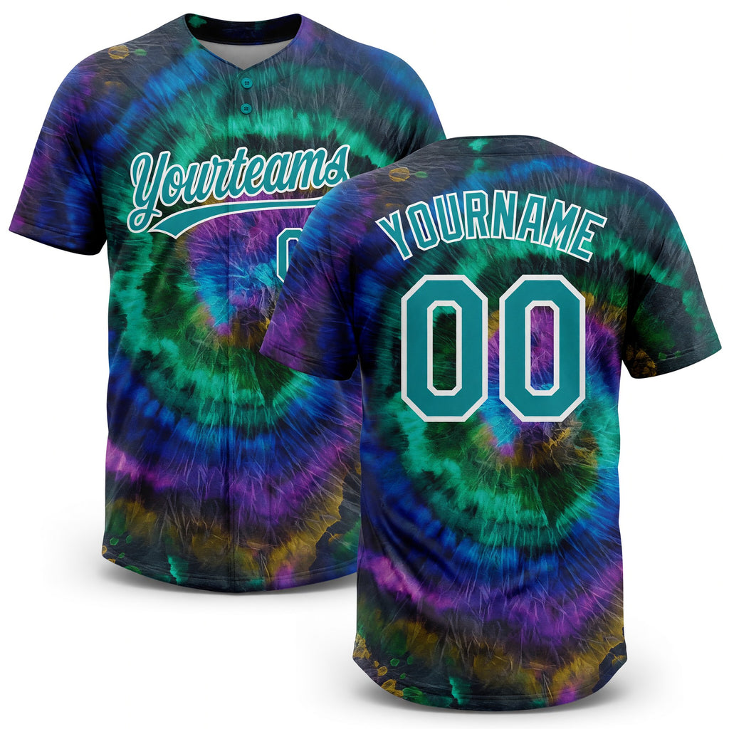 Custom Tie Dye Teal-White 3D Two-Button Unisex Softball Jersey