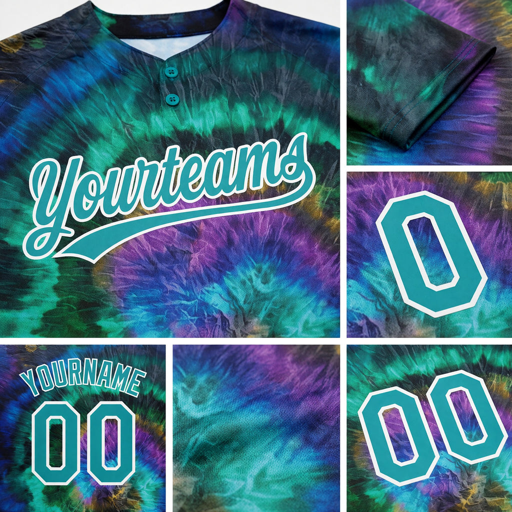 Custom Tie Dye Teal-White 3D Two-Button Unisex Softball Jersey detail