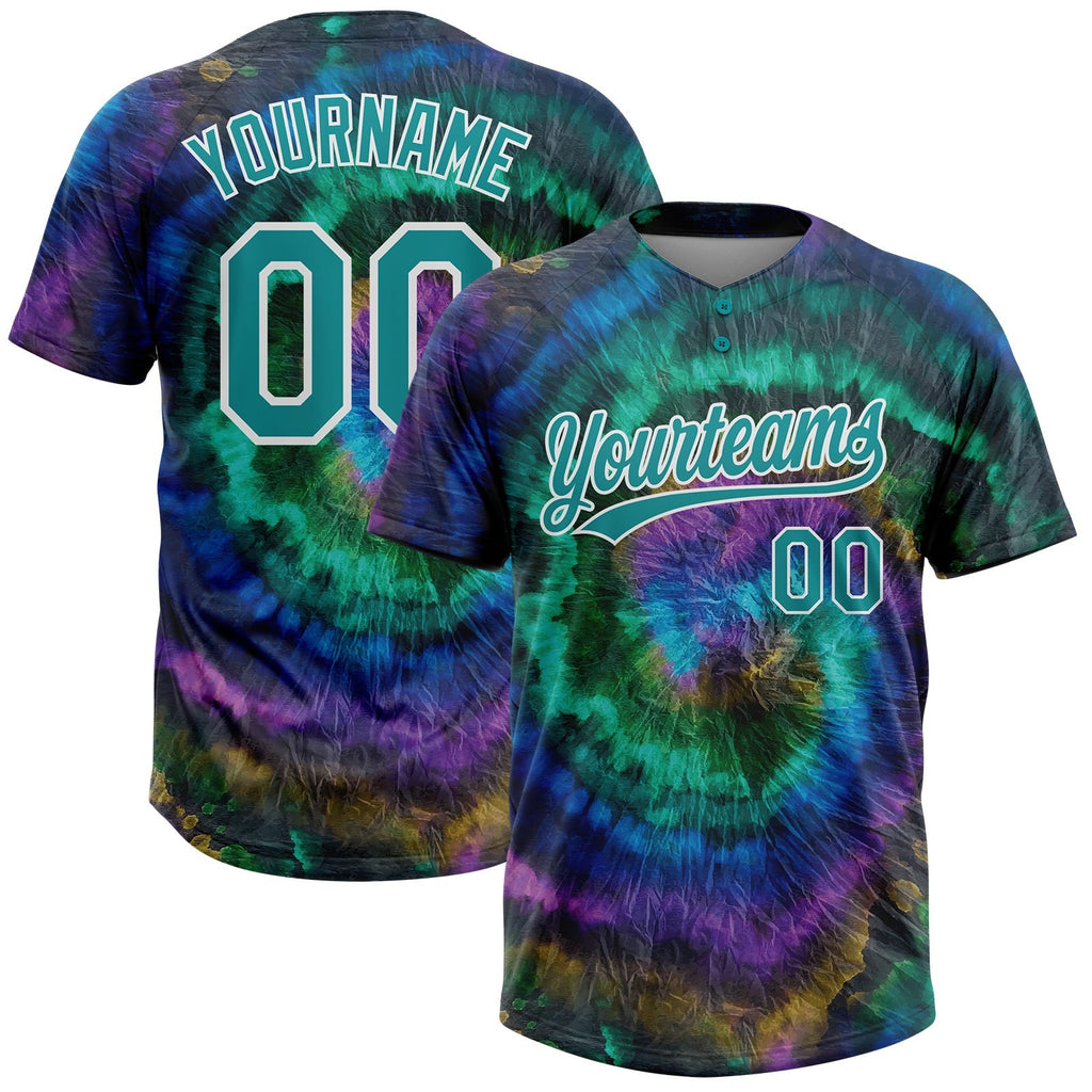 Custom Tie Dye Teal-White 3D Two-Button Unisex Softball Jersey photo 1