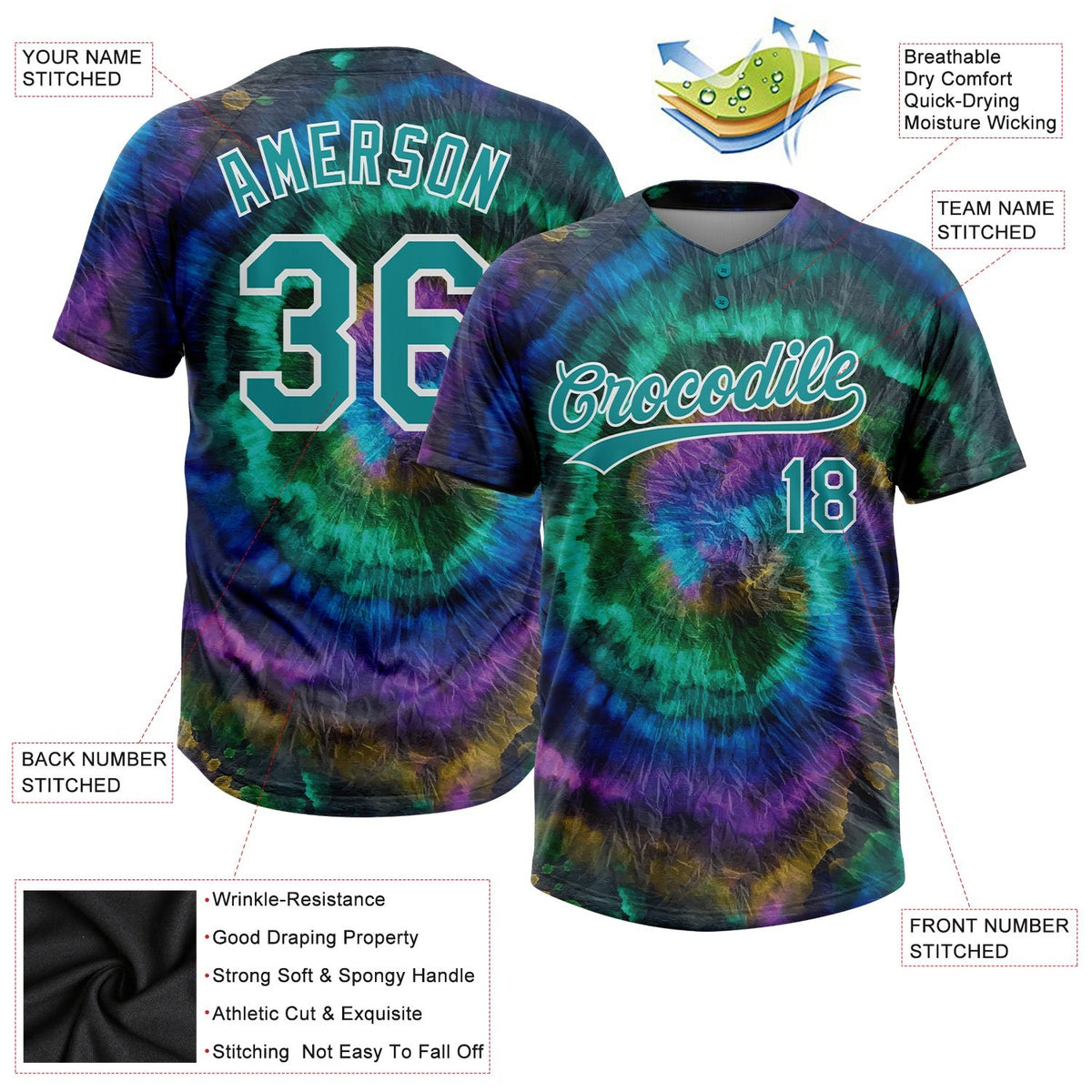 Custom Tie Dye Teal-White 3D Two-Button Unisex Softball Jersey photo 3
