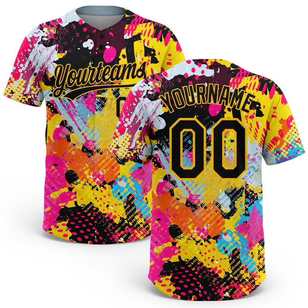 Custom Graffiti Pattern Black-Gold 3D Bright Psychedelic Two-Button Unisex Softball Jersey