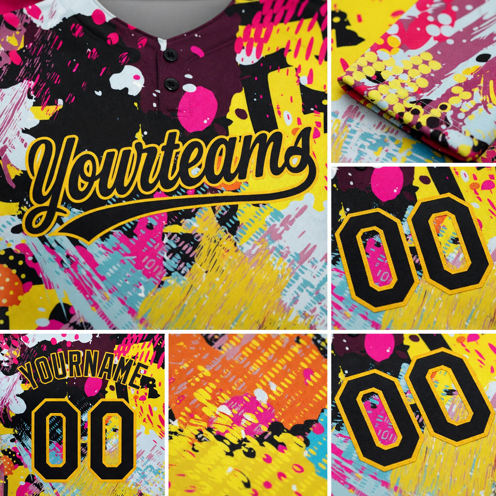 Custom Graffiti Pattern Black-Gold 3D Bright Psychedelic Two-Button Unisex Softball Jersey detail