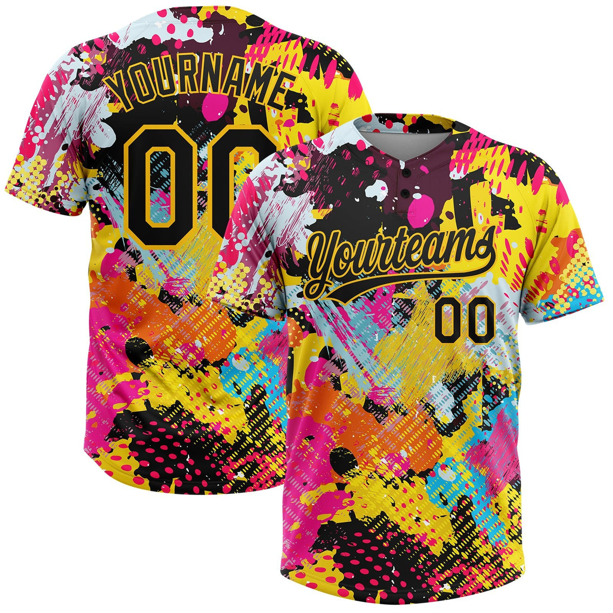 Custom Graffiti Pattern Black-Gold 3D Bright Psychedelic Two-Button Unisex Softball Jersey photo 1