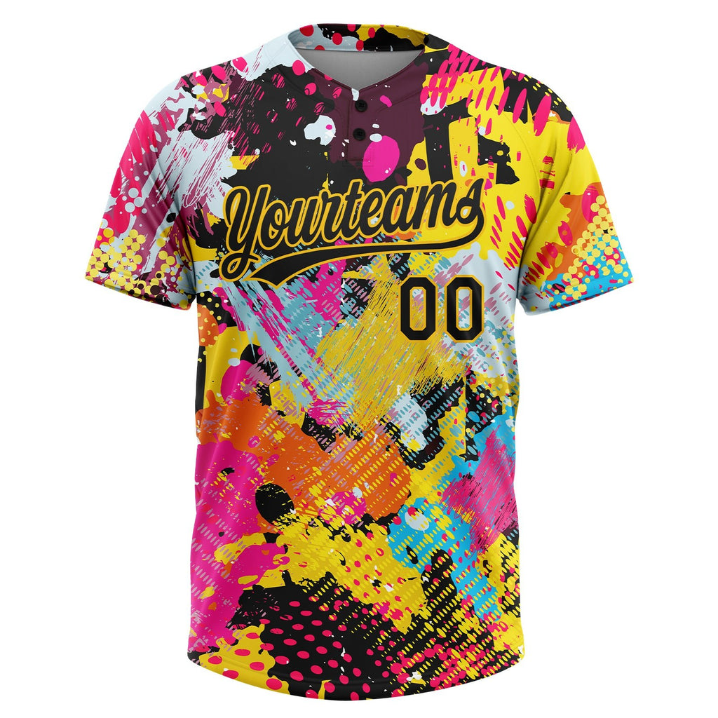 Custom Graffiti Pattern Black-Gold 3D Bright Psychedelic Two-Button Unisex Softball Jersey photo 2