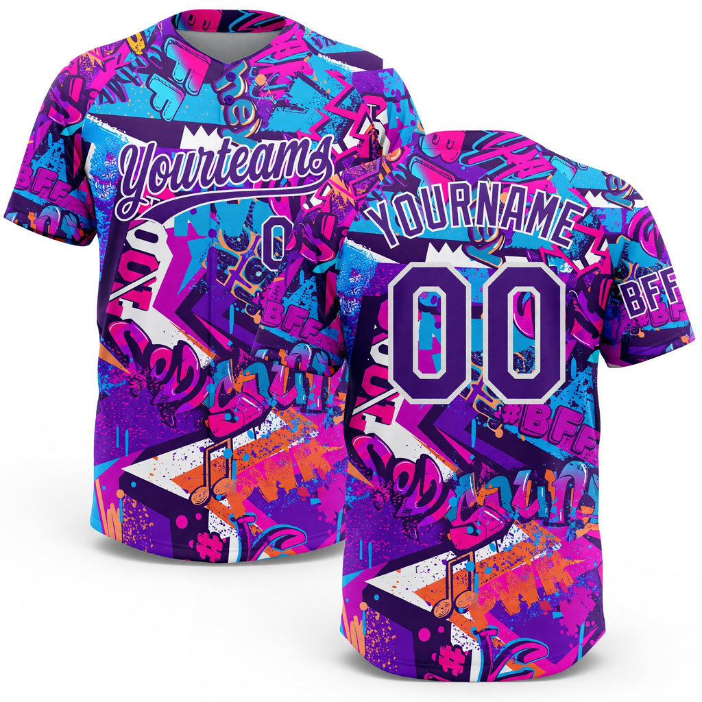 Custom Graffiti Pattern Purple-White 3D Bright Psychedelic Two-Button Unisex Softball Jersey