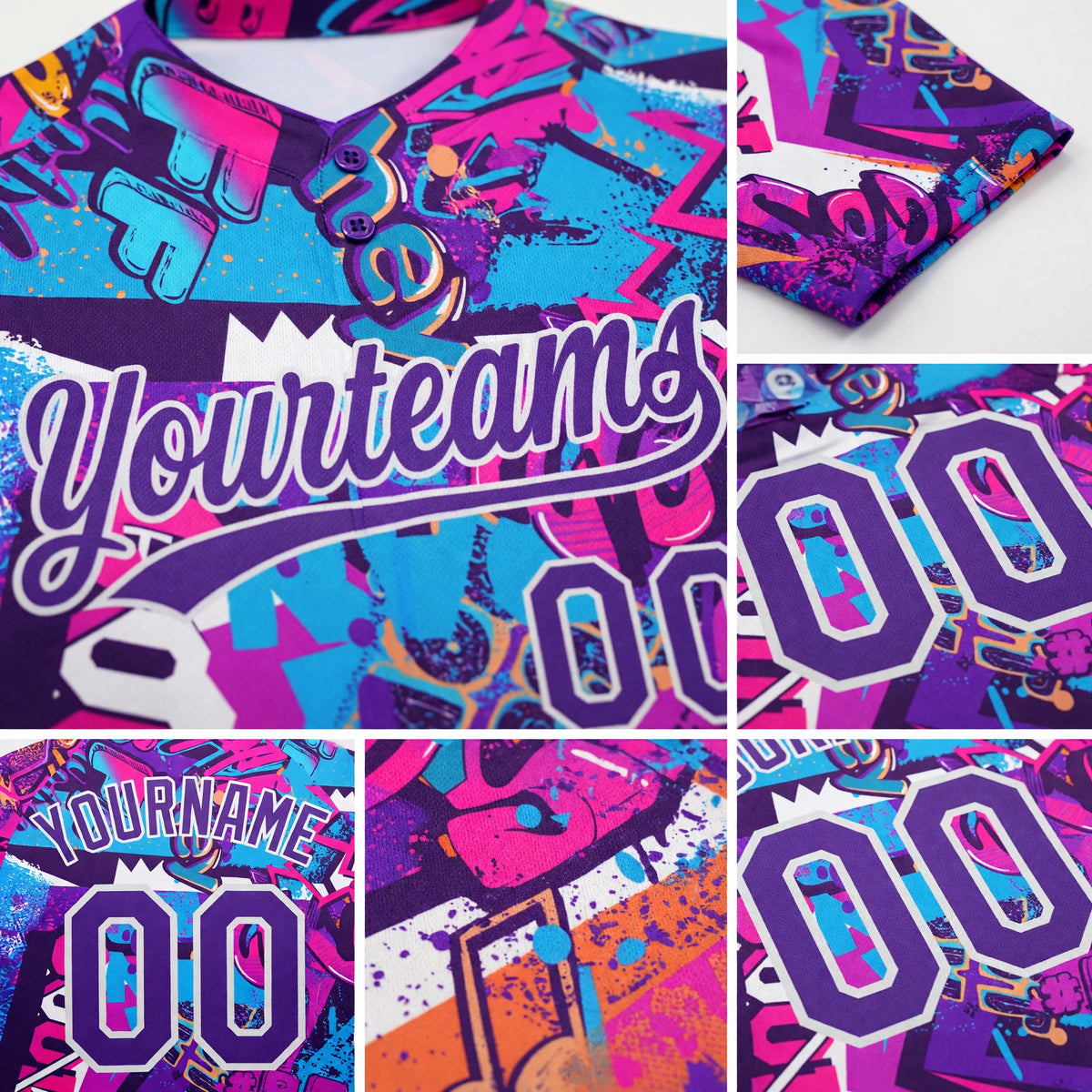 Custom Graffiti Pattern Purple-White 3D Bright Psychedelic Two-Button Unisex Softball Jersey detail