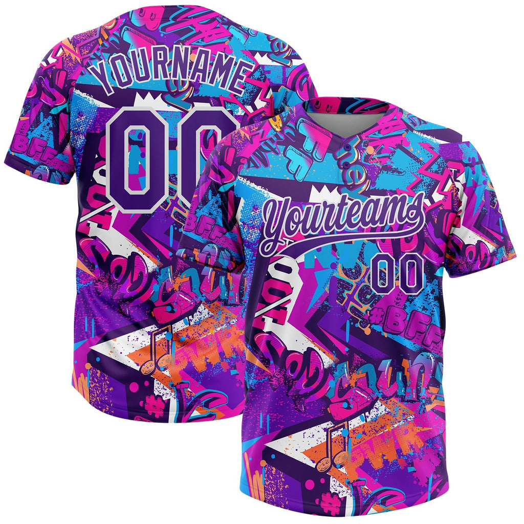 Custom Graffiti Pattern Purple-White 3D Bright Psychedelic Two-Button Unisex Softball Jersey photo 1