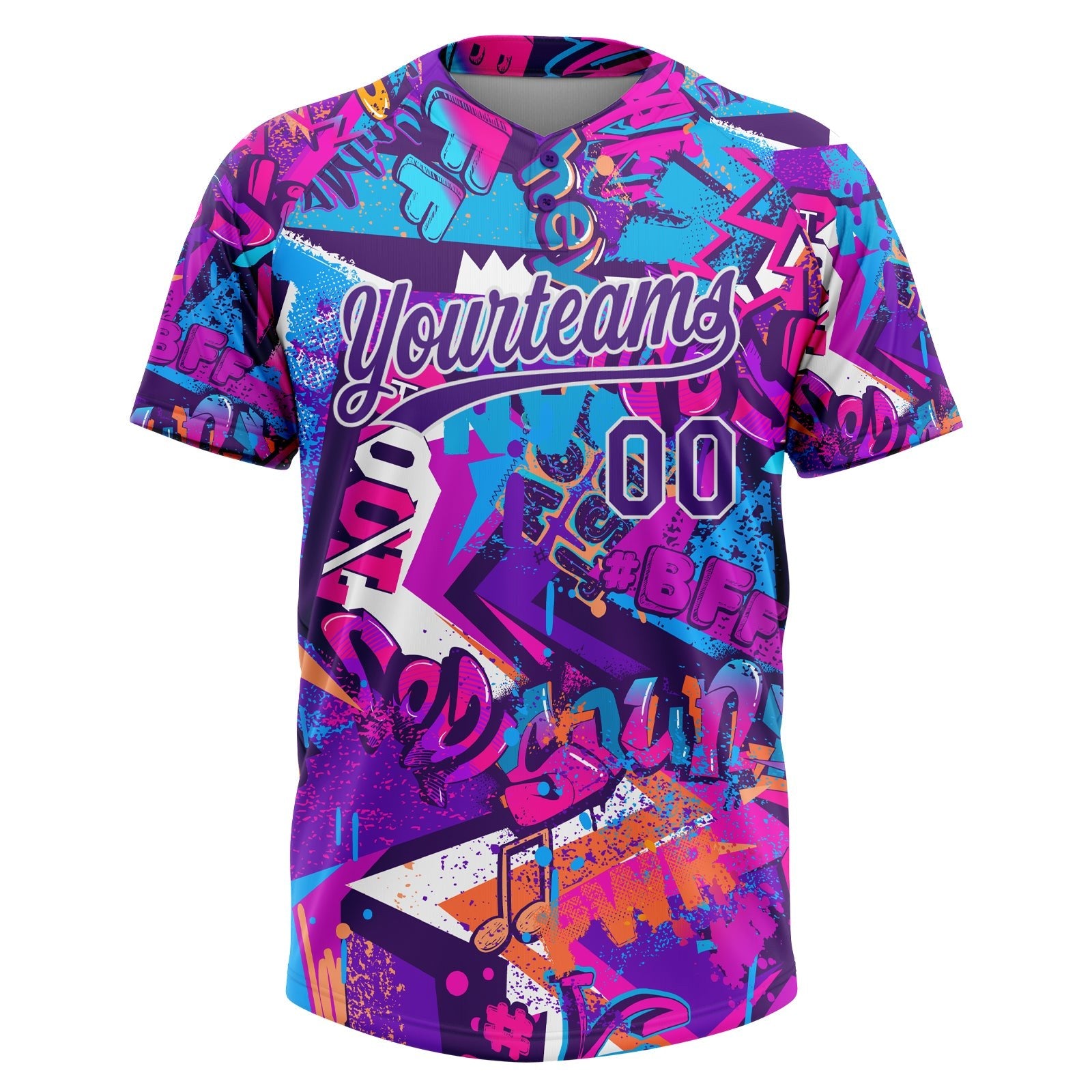 Custom Graffiti Pattern Purple-White 3D Bright Psychedelic Two-Button Unisex Softball Jersey photo 2