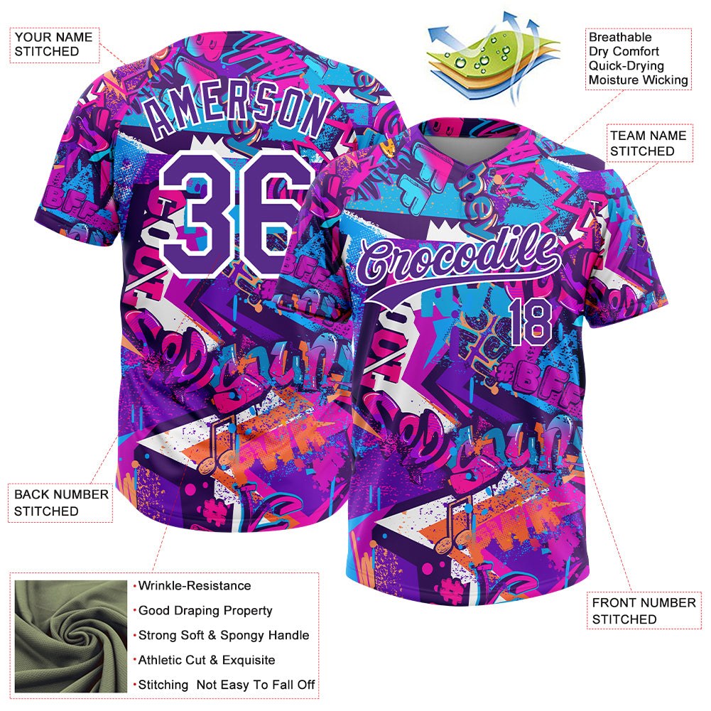 Custom Graffiti Pattern Purple-White 3D Bright Psychedelic Two-Button Unisex Softball Jersey photo 3