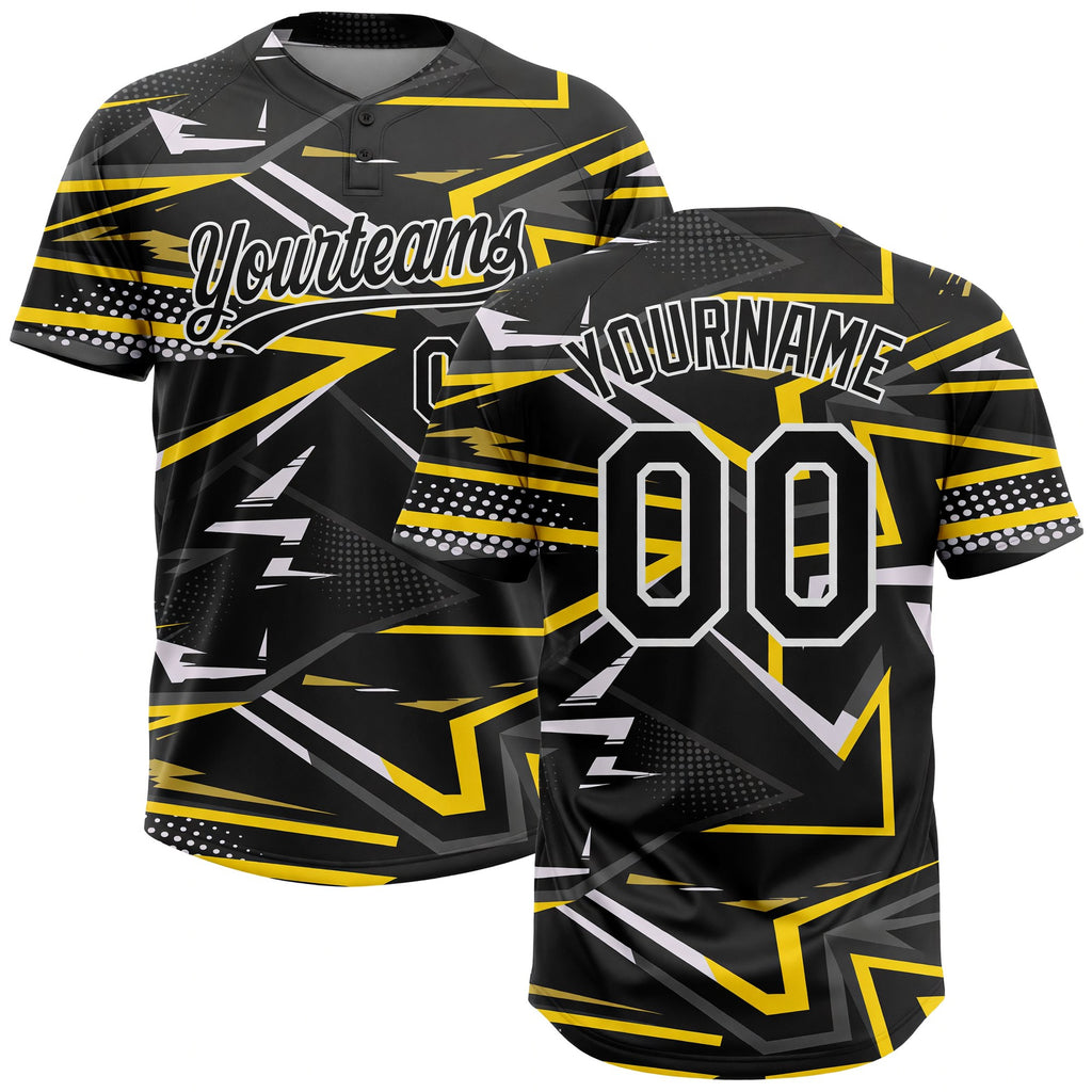Custom Black Black-Gold 3D Pattern Two-Button Unisex Softball Jersey