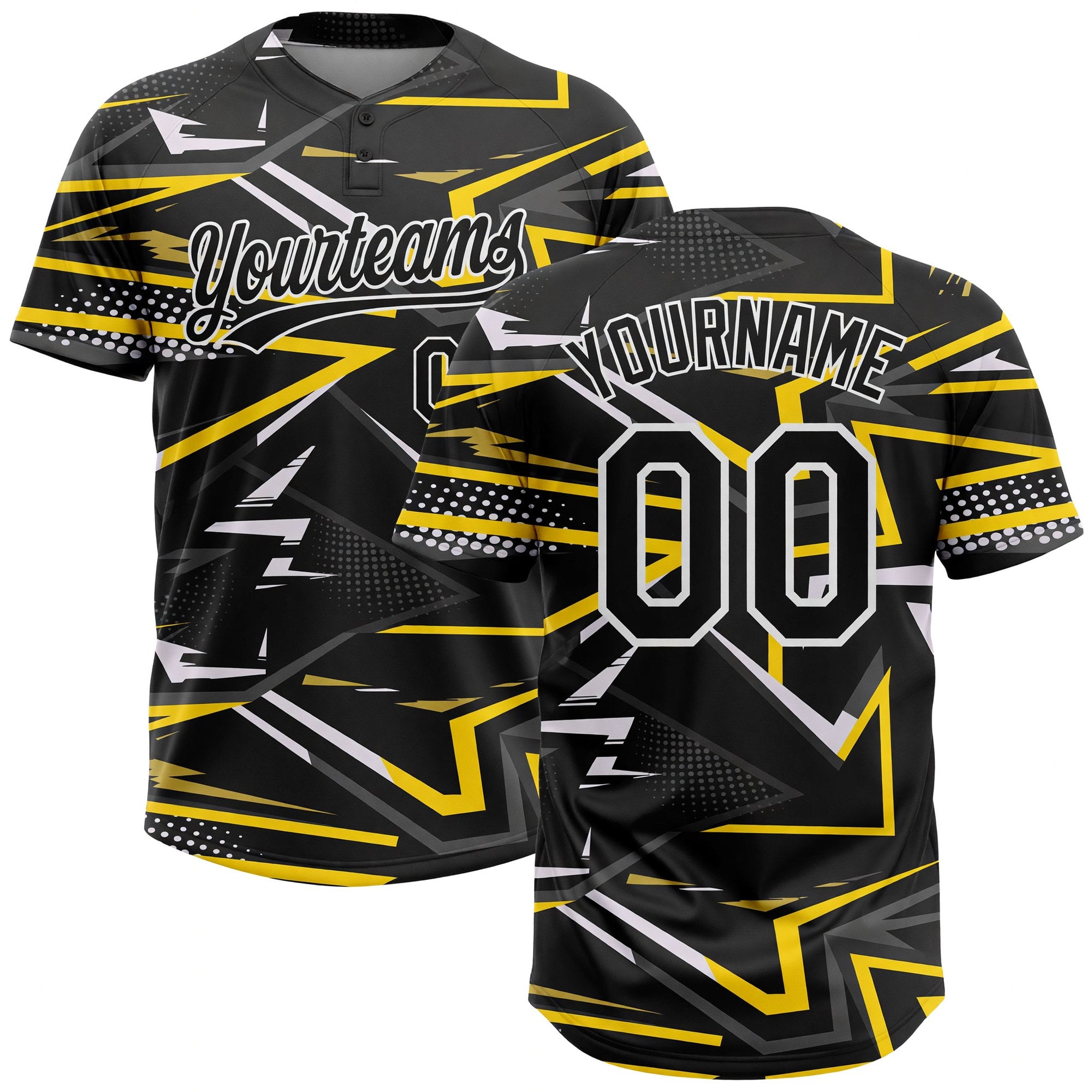 Custom Black Black-Gold 3D Pattern Two-Button Unisex Softball Jersey