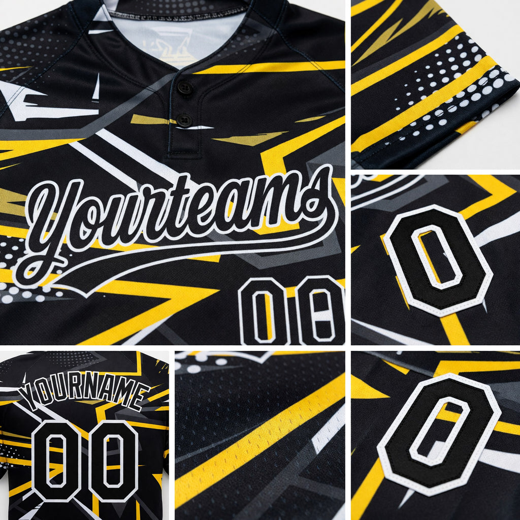 Custom Black Black-Gold 3D Pattern Two-Button Unisex Softball Jersey detail