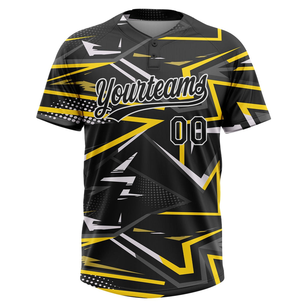 Custom Black Black-Gold 3D Pattern Two-Button Unisex Softball Jersey photo 2