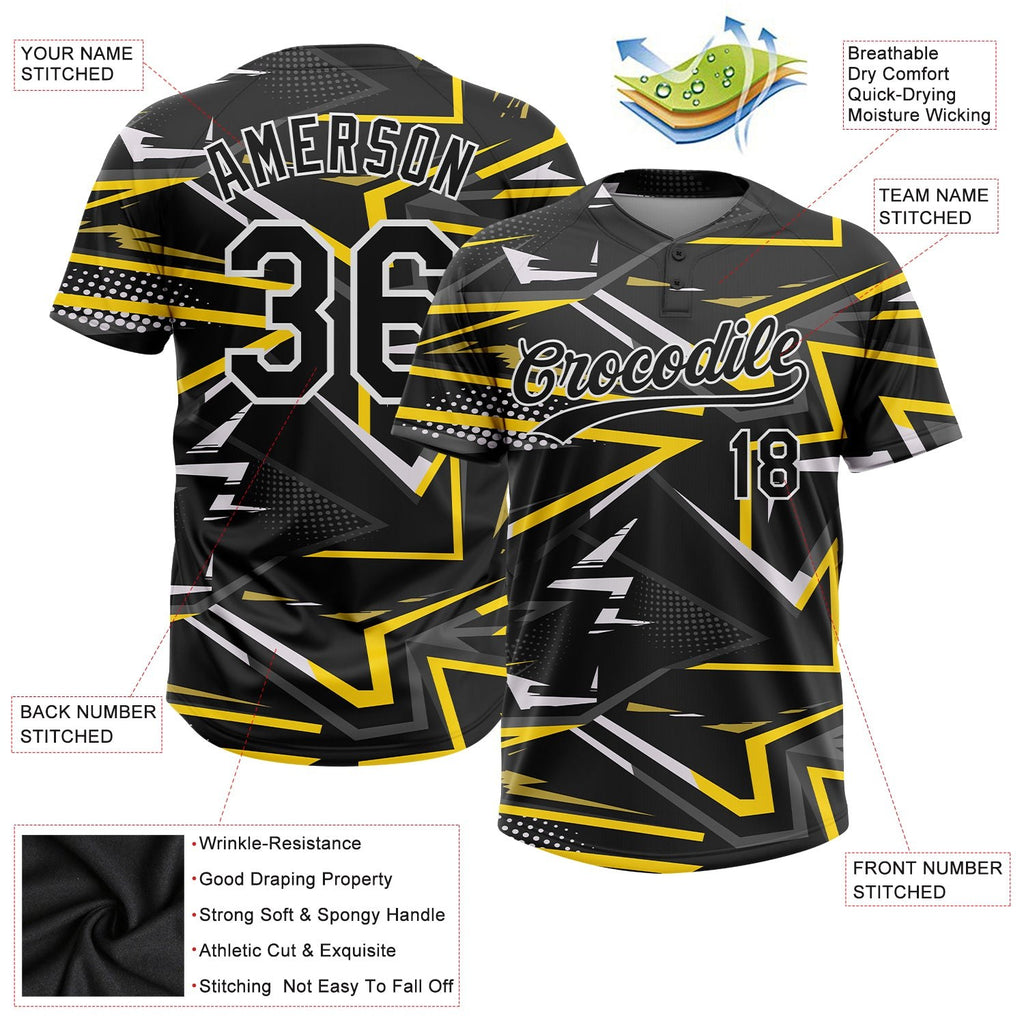 Custom Black Black-Gold 3D Pattern Two-Button Unisex Softball Jersey photo 3