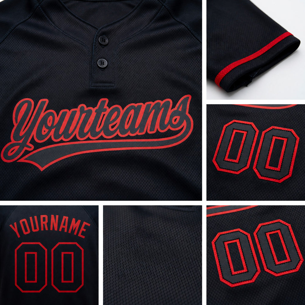 Custom Black Black-Red Two-Button Unisex Softball Jersey detail