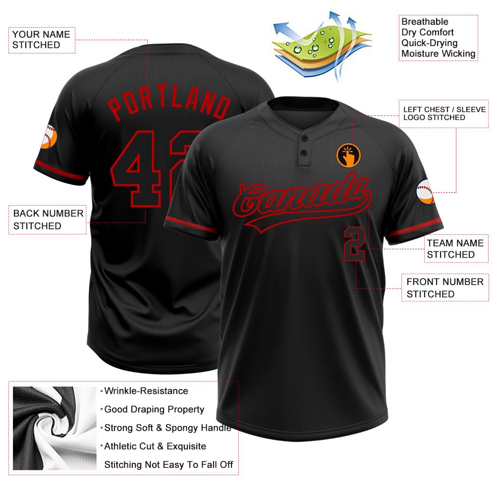 Custom Black Black-Red Two-Button Unisex Softball Jersey photo 3