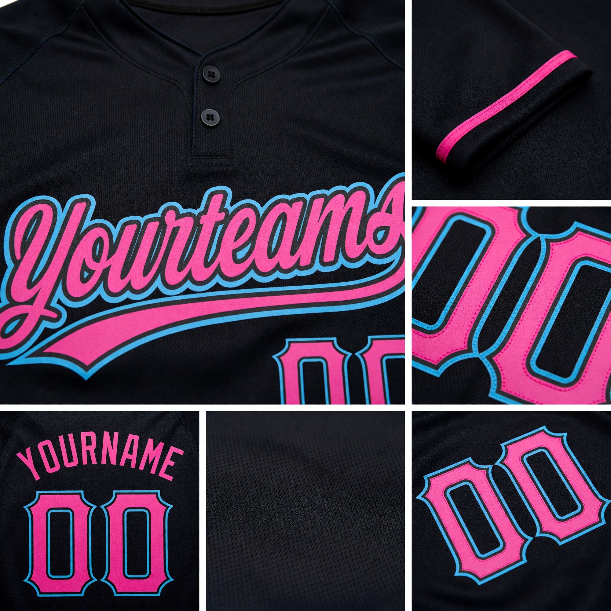 Custom Black Pink-Sky Blue Two-Button Unisex Softball Jersey detail