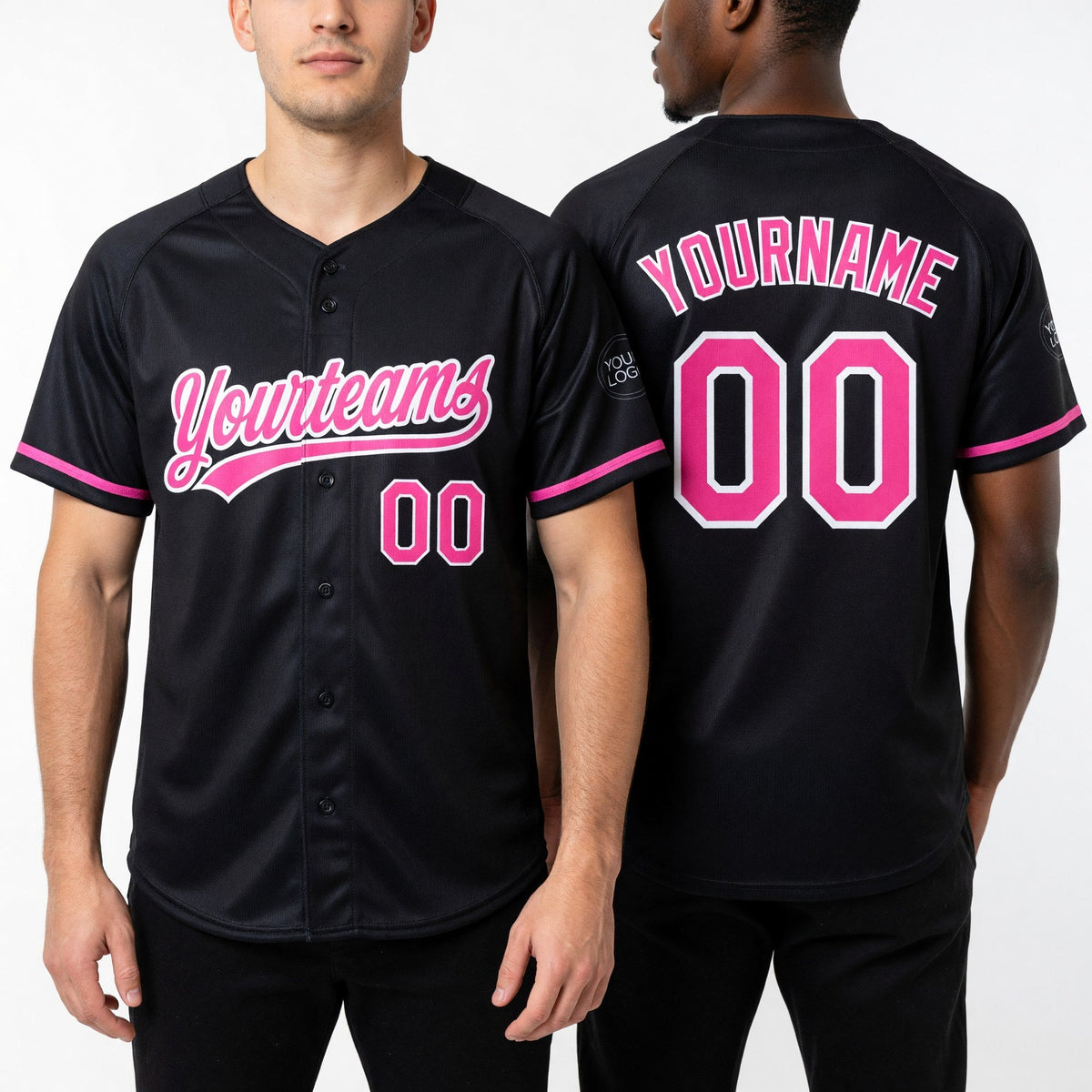 Custom Black Pink-White Two-Button Unisex Softball Jersey worn front and back