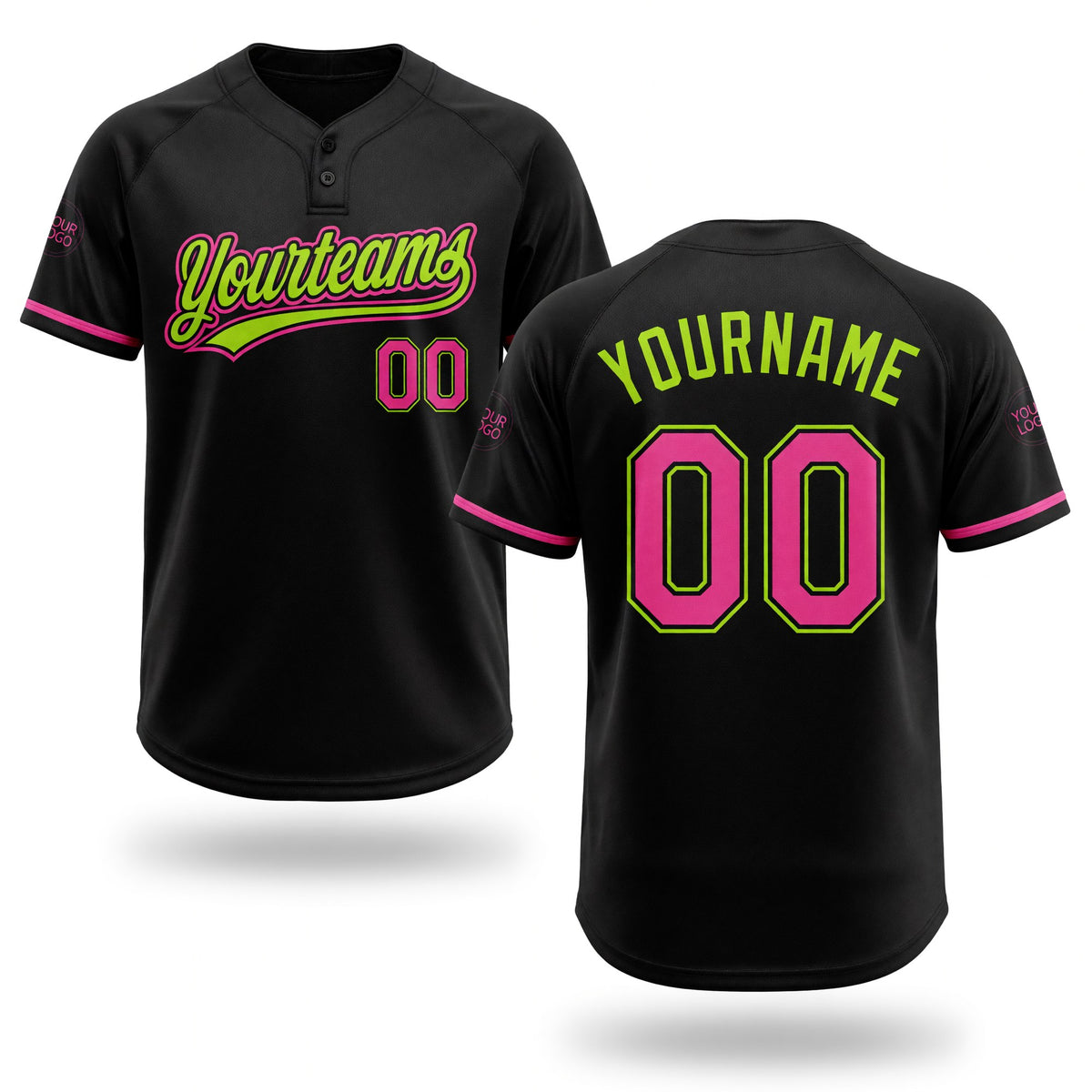 Custom Black Pink-Neon Green Two-Button Unisex Softball Jersey