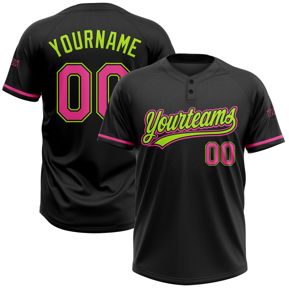 Custom Black Pink-Neon Green Two-Button Unisex Softball Jersey photo 1