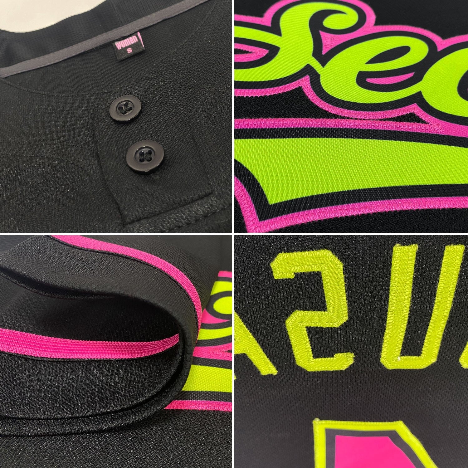 Custom Black Pink-Neon Green Two-Button Unisex Softball Jersey photo 2
