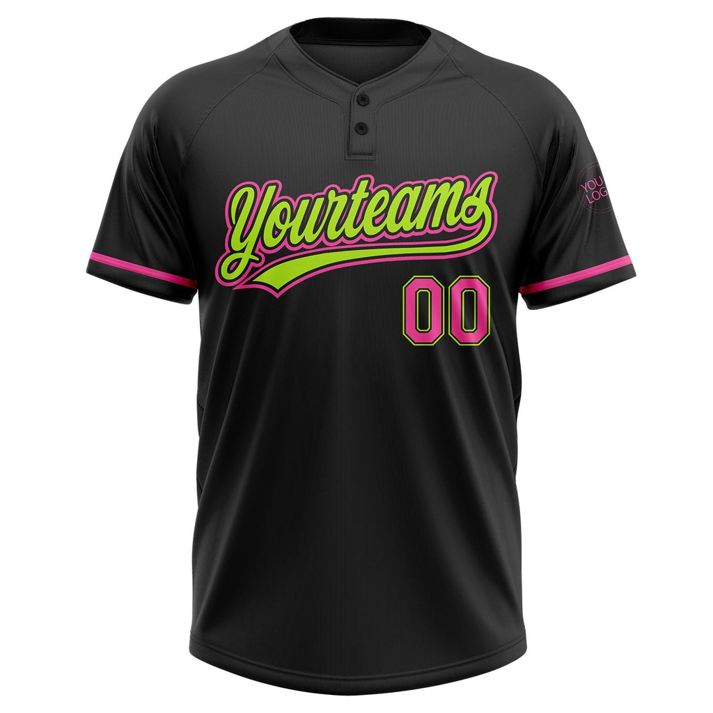 Custom Black Pink-Neon Green Two-Button Unisex Softball Jersey photo 3