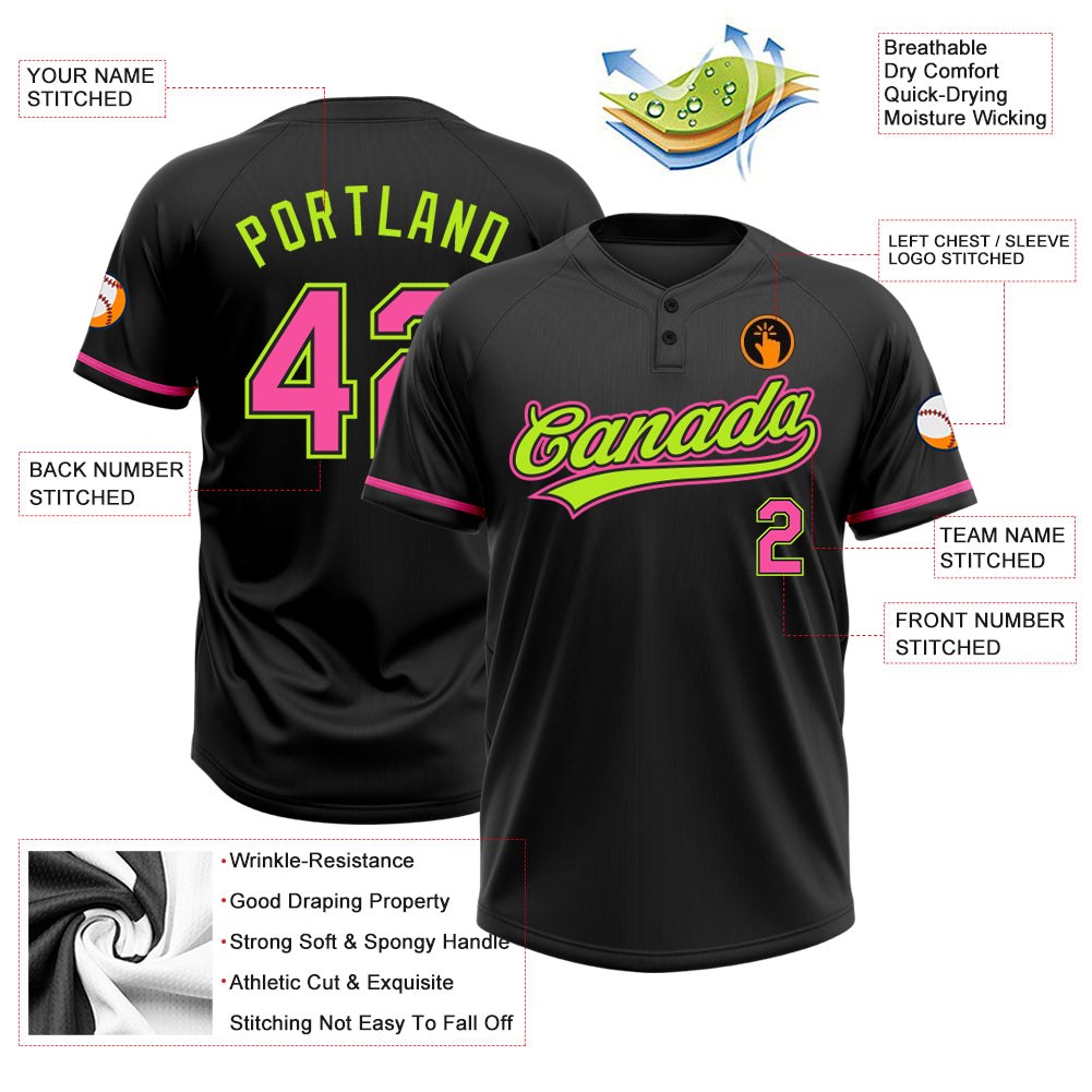 Custom Black Pink-Neon Green Two-Button Unisex Softball Jersey photo 4