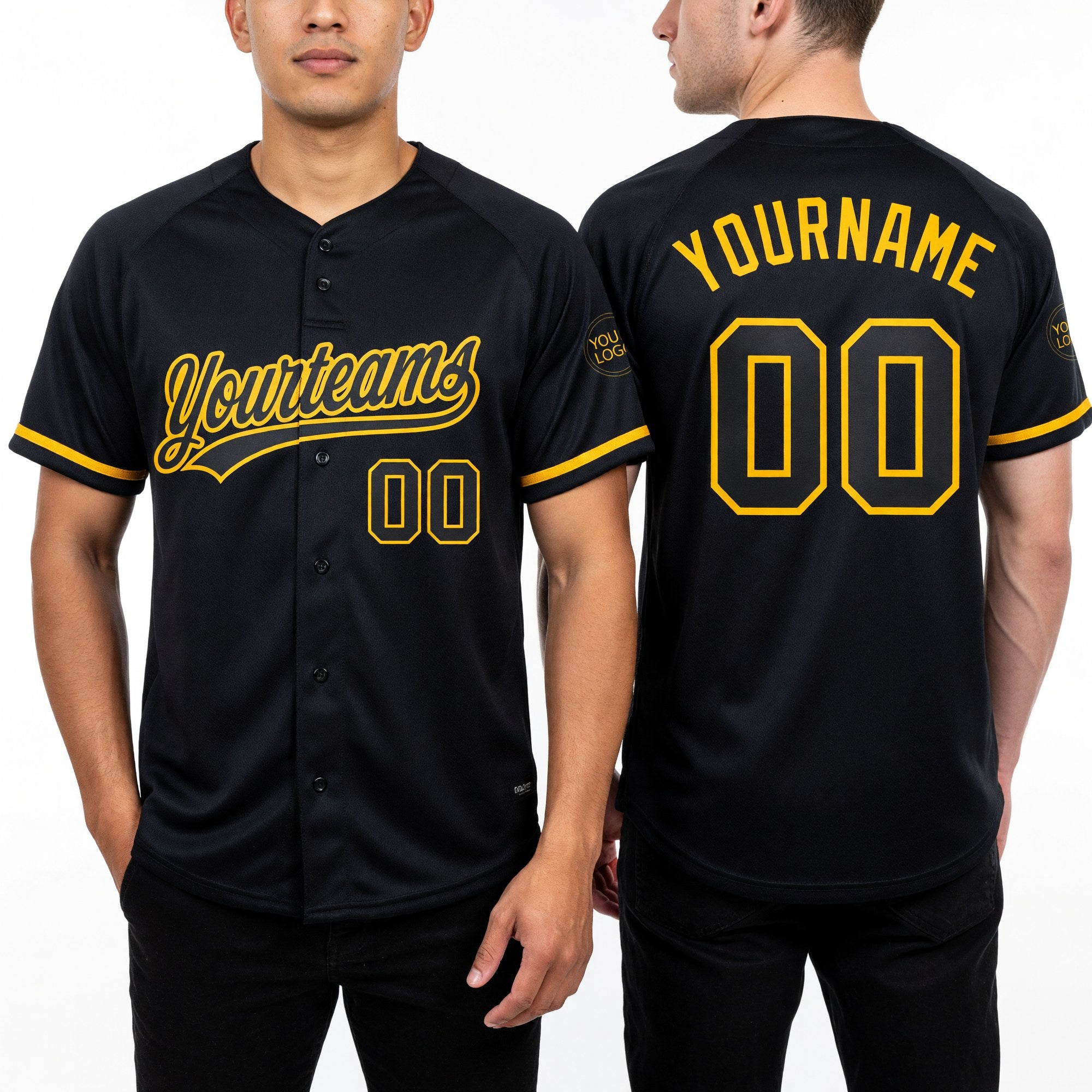 Custom Black Black-Gold Two-Button Unisex Softball Jersey worn front and back