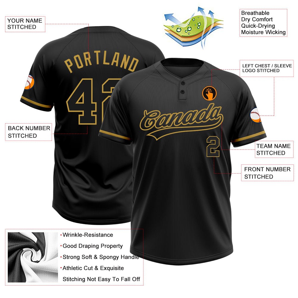 Custom Black Black-Old Gold Two-Button Unisex Softball Jersey photo 3