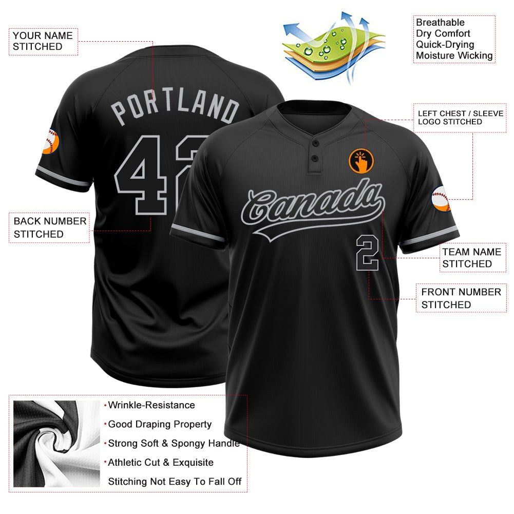 Custom Black Black-Gray Two-Button Unisex Softball Jersey photo 3